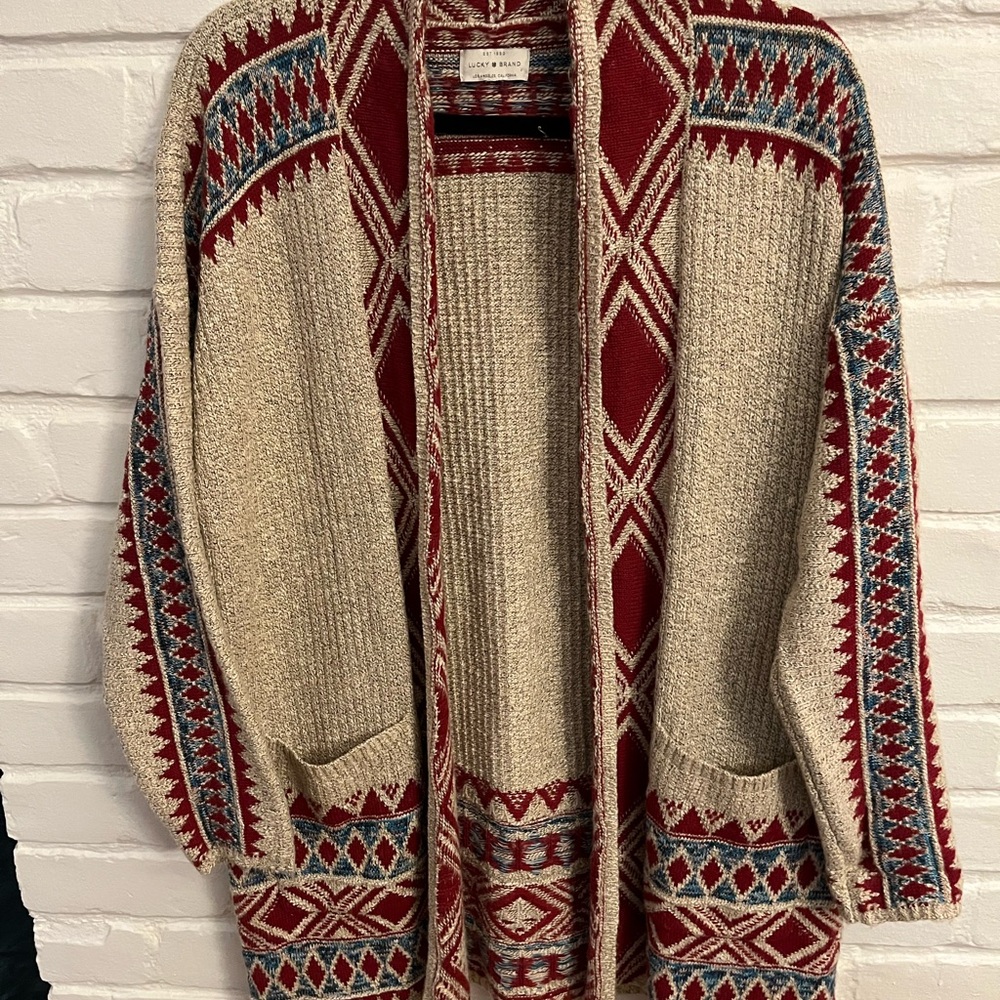 Lucky Brand Beige/red/blue Knit Cardigan Size 1X